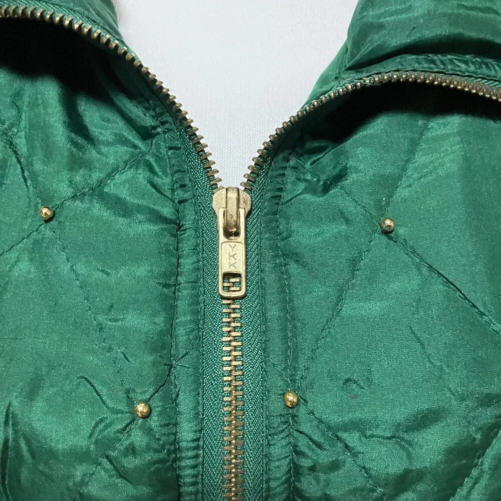 Vintage Selene Paris Green Studded Silk Bomber Jacket, Size Large, Shoulder Pads - Picture 5 of 9